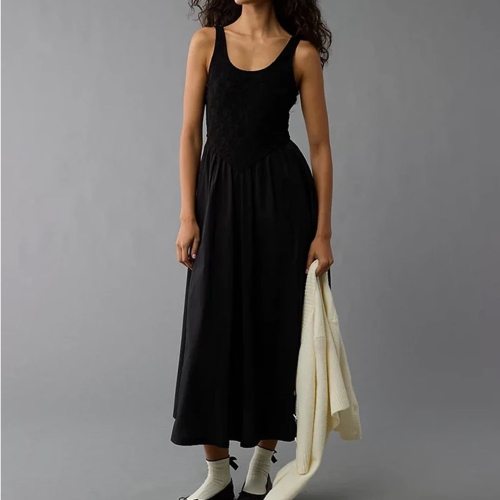 AE Mixed Knit Lace Bodice Midi Dress Black